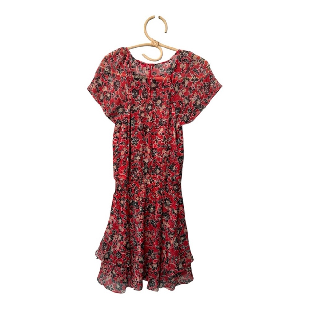 Parker Red Black Silk Floral V Neck Dress Mini Smocked Waist Ruffled Mini Dress - Picture 6 of 15